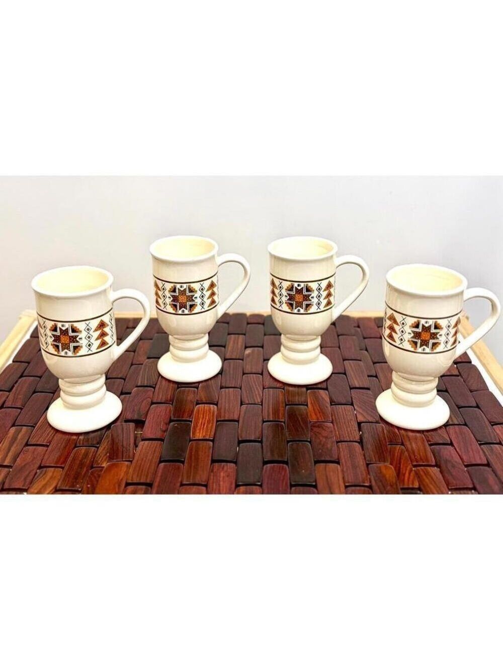 Set of 4 Vintage Japan Pedestal Mugs Geometric Mid Century Retro Folk Pattern